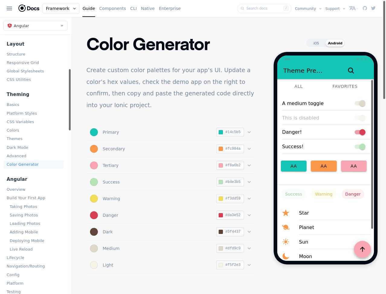 Screenshot of Ionic's color generator. When you set primary, secondary, and more colors by giving a HEX value, and Ionic automatically generates shade variants and gives you a live preview.