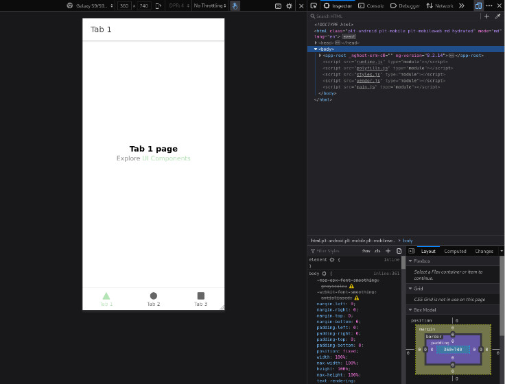 Screenshot of a browser with browser tools open, and a mobile website with Ionic's default template.