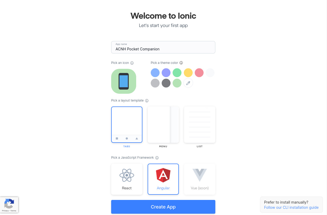 Screenshot of Ionic's app creation wizard. It allows you to pick a name, an icon, a template, and a framework to start your app.