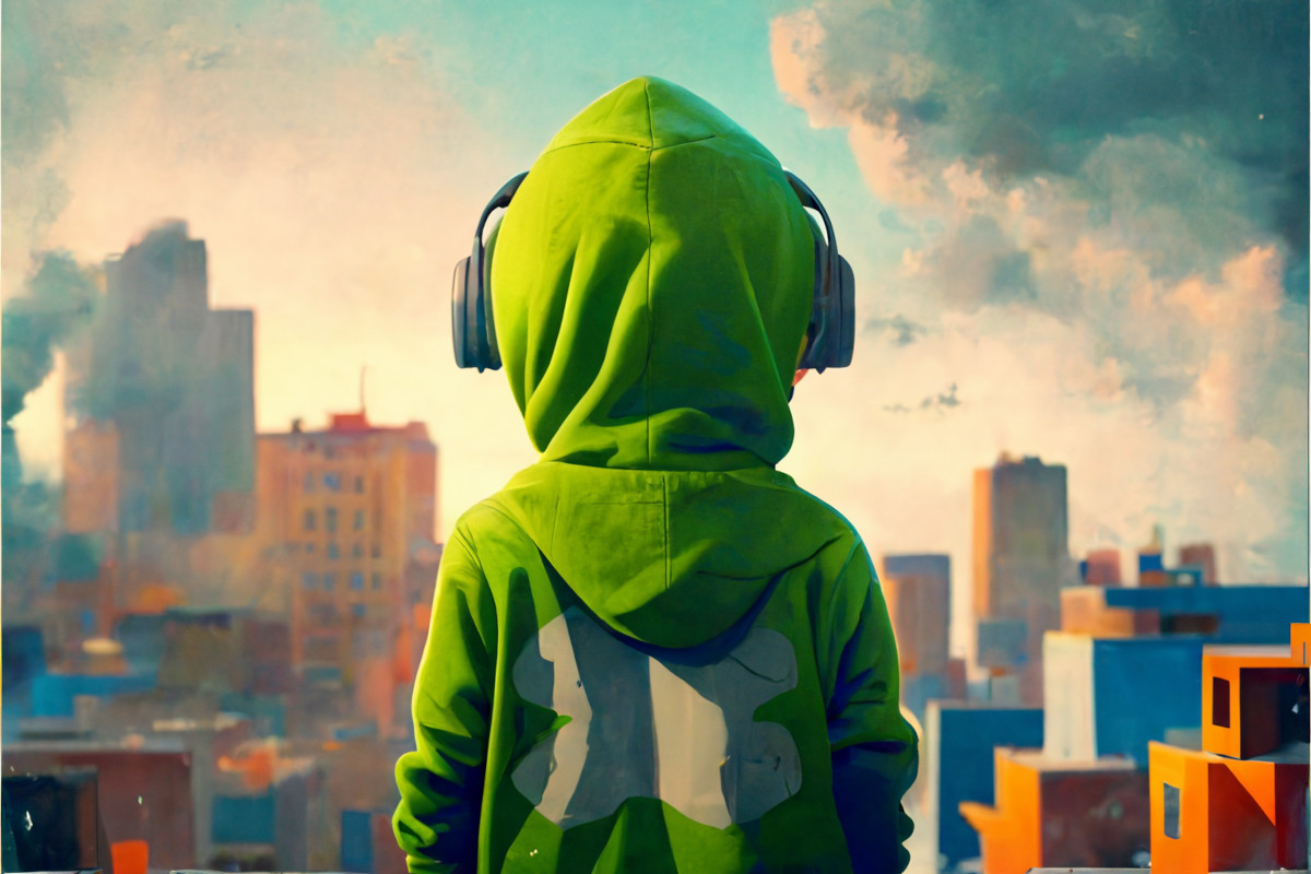 An AI-generated image of a boy, seen from the back, wearing a hoodie with headphones, looking to a city in the background. The city is well-lit and the sky is partly clear, but there are some clouds forming around. The clouds merge with what seems to be pollution coming from the city.