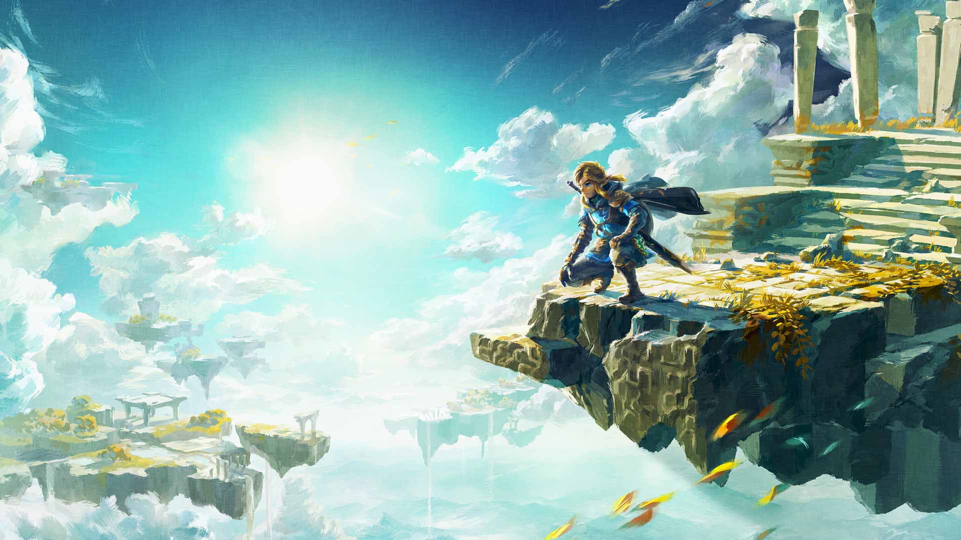 Official artwork of the game. Link stands on a floating island, with more floating island and clouds in the background